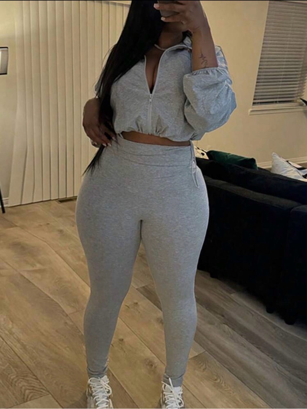 SHEIN Light Grey High-Waist Leggings with Matching Cropped Zip Jacket